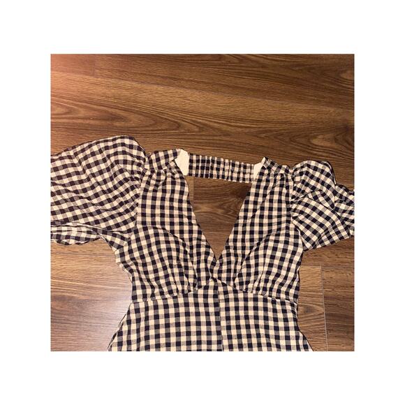 EUC DISSH Elm Chocolate Gingham Midi Dress Puff Sleeve Open Back Cotton Size 4 - Picture 11 of 16